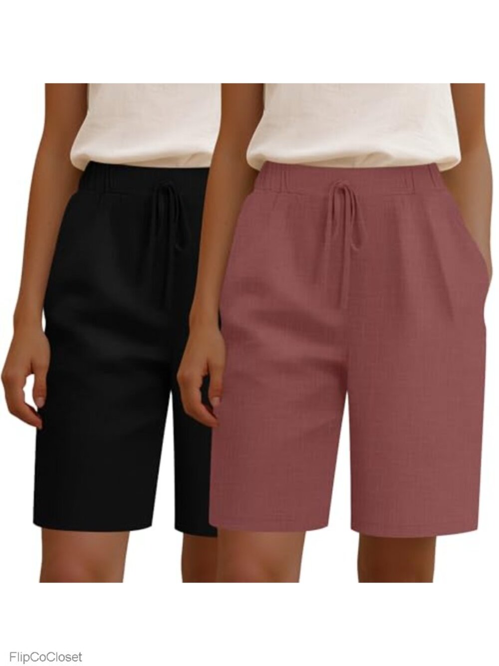 2 Pack Linen Bermuda Shorts Elastic Waist Wide Leg with Pockets